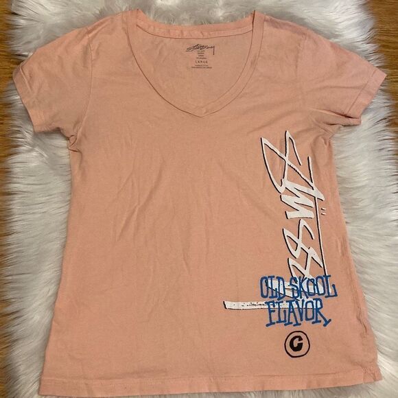 Stussy - “Old Skool Flavor’” Pink V Neck Tee Shirt sz L - Picture 8 of 8